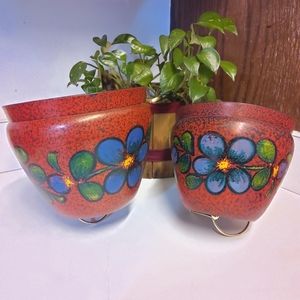 Vtg West Germany Emsa Red Floral Plastic Planters Pot Basket Flowers Mid Century